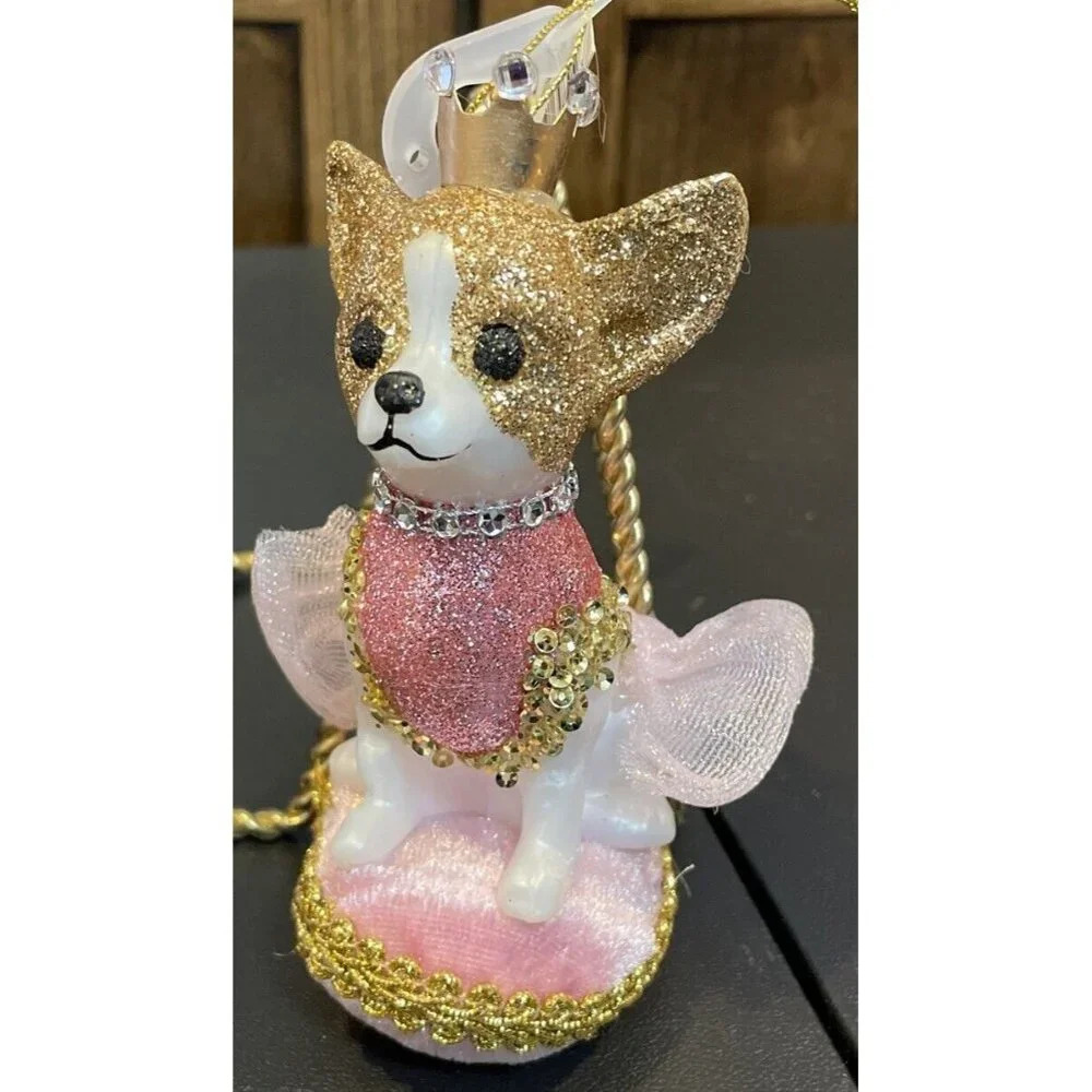 Chihuahua Dog Pink Gold Glittery Queen Tutu Pillow‎ Christmas Ornament NEW